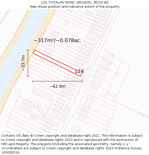 124, FITZALAN ROAD, ARUNDEL, BN18 9JZ: Plot and title map