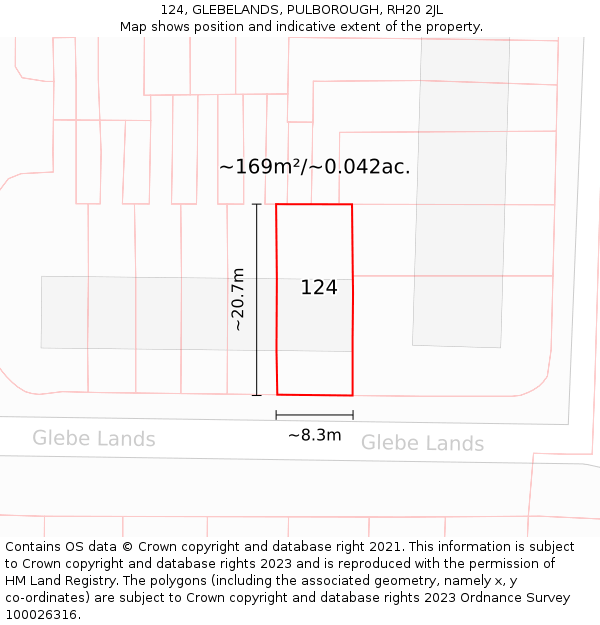 124, GLEBELANDS, PULBOROUGH, RH20 2JL: Plot and title map