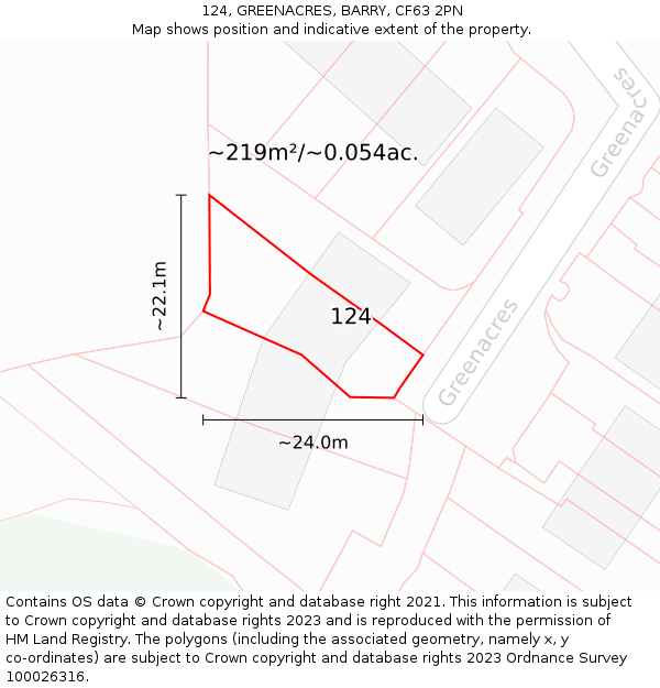 124, GREENACRES, BARRY, CF63 2PN: Plot and title map