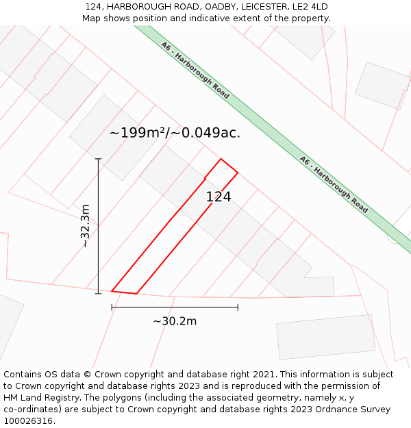 124, HARBOROUGH ROAD, OADBY, LEICESTER, LE2 4LD: Plot and title map