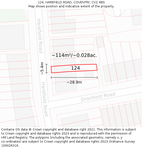 124, HAREFIELD ROAD, COVENTRY, CV2 4BS: Plot and title map