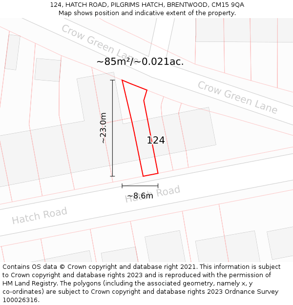 124, HATCH ROAD, PILGRIMS HATCH, BRENTWOOD, CM15 9QA: Plot and title map