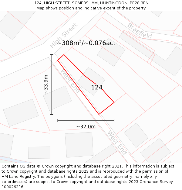 124, HIGH STREET, SOMERSHAM, HUNTINGDON, PE28 3EN: Plot and title map