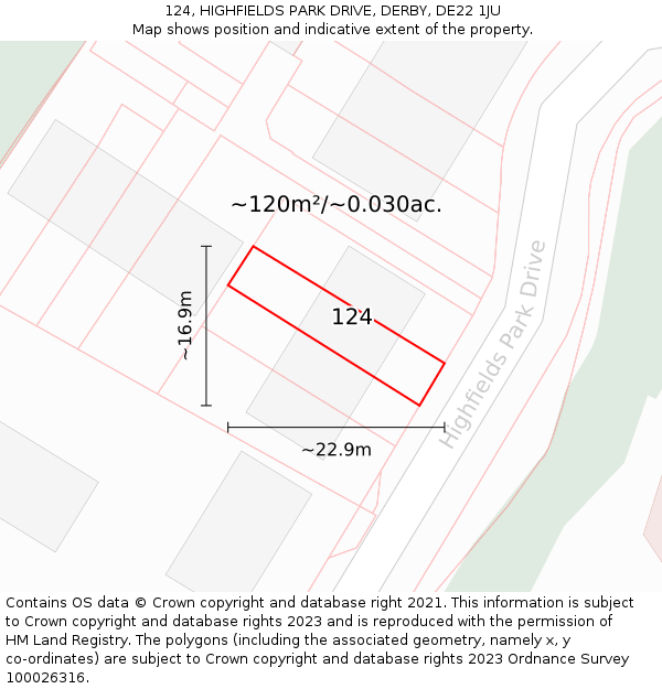 124, HIGHFIELDS PARK DRIVE, DERBY, DE22 1JU: Plot and title map