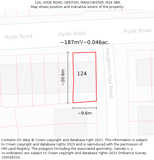 124, HYDE ROAD, DENTON, MANCHESTER, M34 3BA: Plot and title map