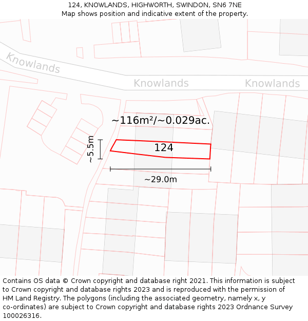 124, KNOWLANDS, HIGHWORTH, SWINDON, SN6 7NE: Plot and title map