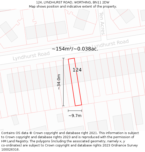 124, LYNDHURST ROAD, WORTHING, BN11 2DW: Plot and title map