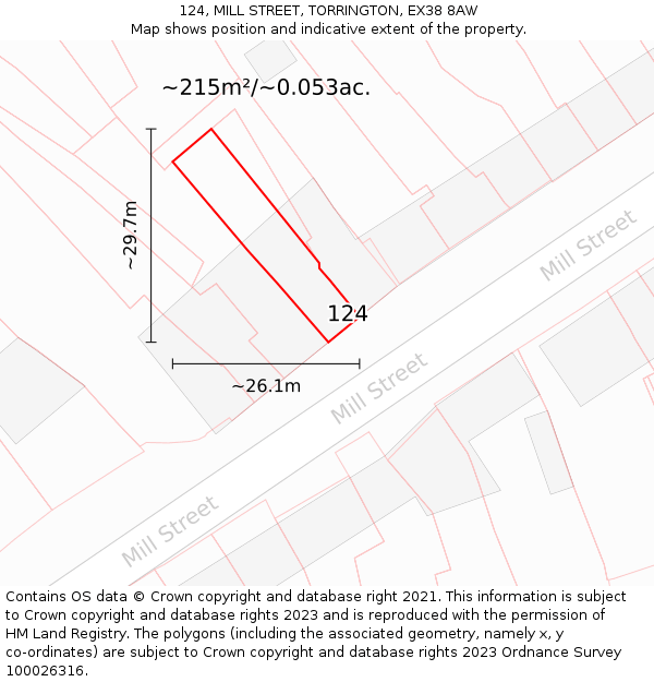 124, MILL STREET, TORRINGTON, EX38 8AW: Plot and title map