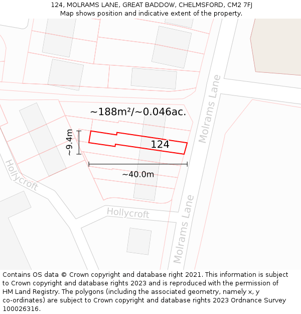 124, MOLRAMS LANE, GREAT BADDOW, CHELMSFORD, CM2 7FJ: Plot and title map