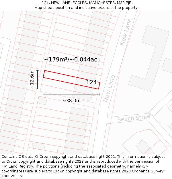 124, NEW LANE, ECCLES, MANCHESTER, M30 7JE: Plot and title map