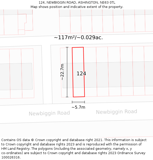124, NEWBIGGIN ROAD, ASHINGTON, NE63 0TL: Plot and title map