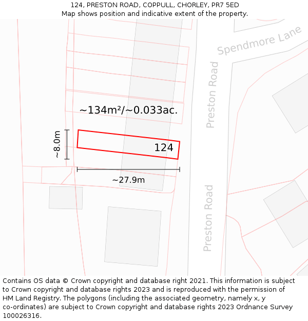 124, PRESTON ROAD, COPPULL, CHORLEY, PR7 5ED: Plot and title map