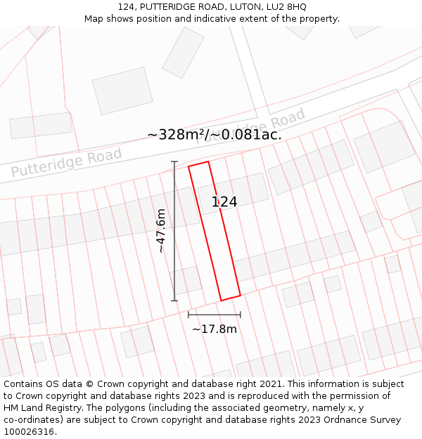 124, PUTTERIDGE ROAD, LUTON, LU2 8HQ: Plot and title map