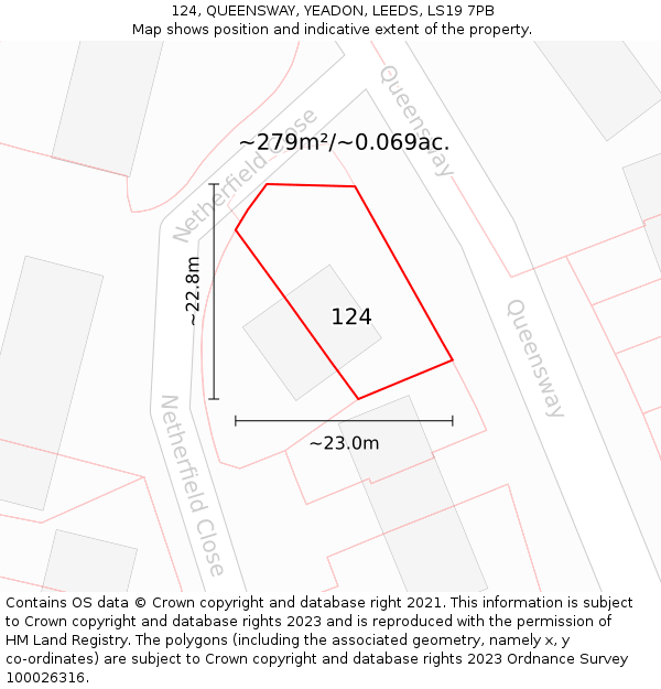 124, QUEENSWAY, YEADON, LEEDS, LS19 7PB: Plot and title map