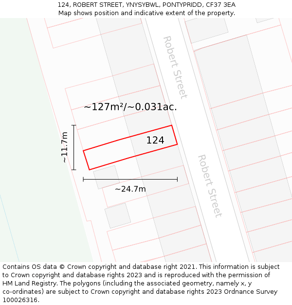 124, ROBERT STREET, YNYSYBWL, PONTYPRIDD, CF37 3EA: Plot and title map