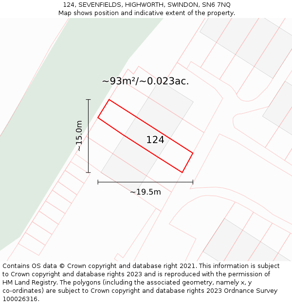 124, SEVENFIELDS, HIGHWORTH, SWINDON, SN6 7NQ: Plot and title map