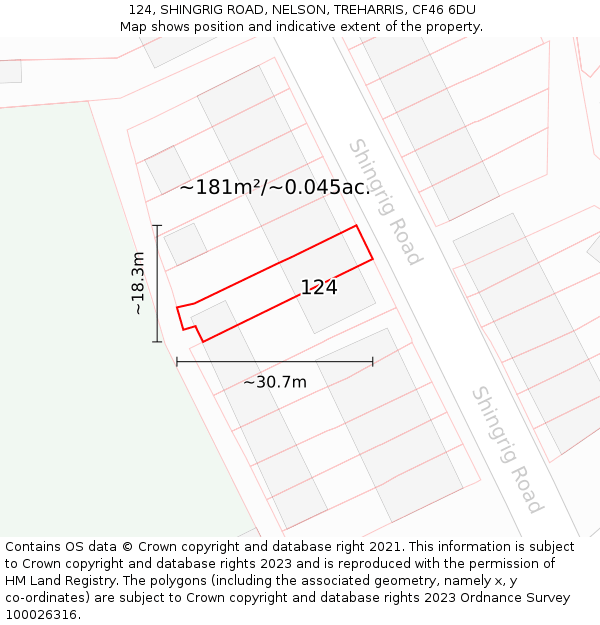 124, SHINGRIG ROAD, NELSON, TREHARRIS, CF46 6DU: Plot and title map