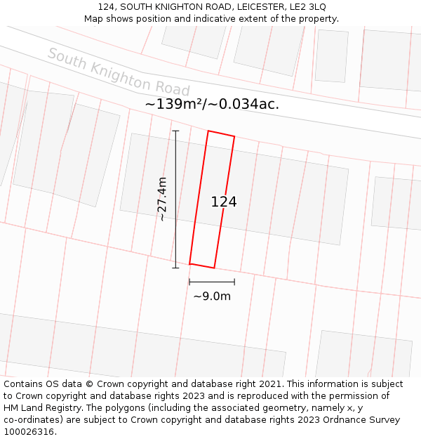124, SOUTH KNIGHTON ROAD, LEICESTER, LE2 3LQ: Plot and title map