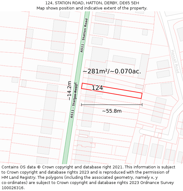 124, STATION ROAD, HATTON, DERBY, DE65 5EH: Plot and title map