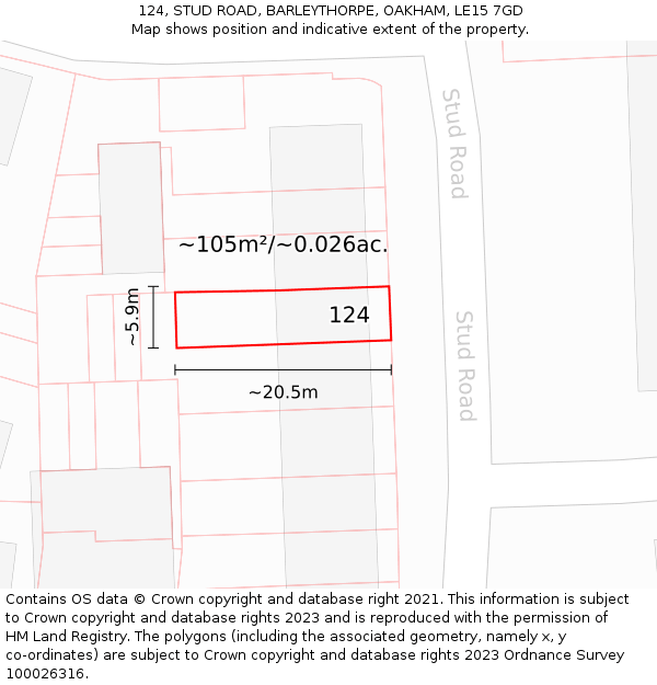 124, STUD ROAD, BARLEYTHORPE, OAKHAM, LE15 7GD: Plot and title map