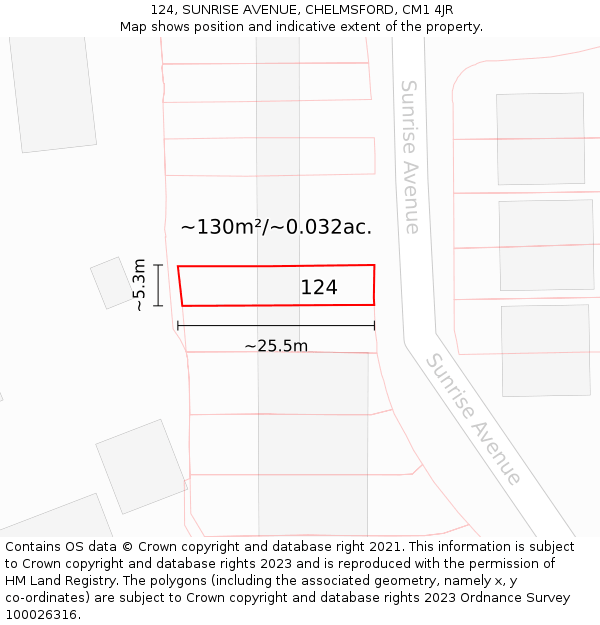 124, SUNRISE AVENUE, CHELMSFORD, CM1 4JR: Plot and title map