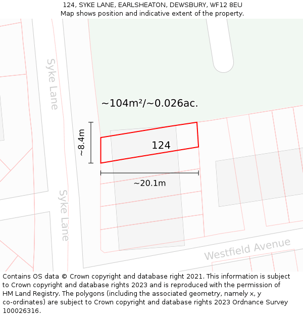 124, SYKE LANE, EARLSHEATON, DEWSBURY, WF12 8EU: Plot and title map