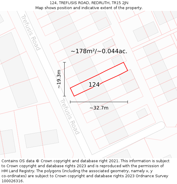 124, TREFUSIS ROAD, REDRUTH, TR15 2JN: Plot and title map