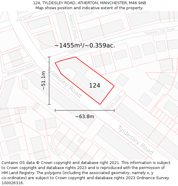 124, TYLDESLEY ROAD, ATHERTON, MANCHESTER, M46 9AB: Plot and title map