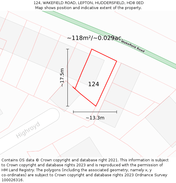 124, WAKEFIELD ROAD, LEPTON, HUDDERSFIELD, HD8 0ED: Plot and title map