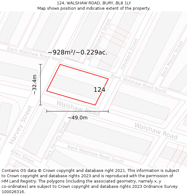 124, WALSHAW ROAD, BURY, BL8 1LY: Plot and title map