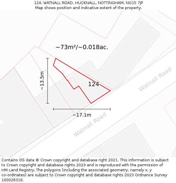 124, WATNALL ROAD, HUCKNALL, NOTTINGHAM, NG15 7JP: Plot and title map
