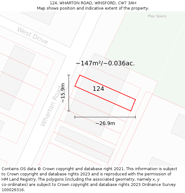 124, WHARTON ROAD, WINSFORD, CW7 3AH: Plot and title map