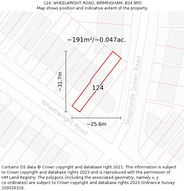 124, WHEELWRIGHT ROAD, BIRMINGHAM, B24 8PD: Plot and title map