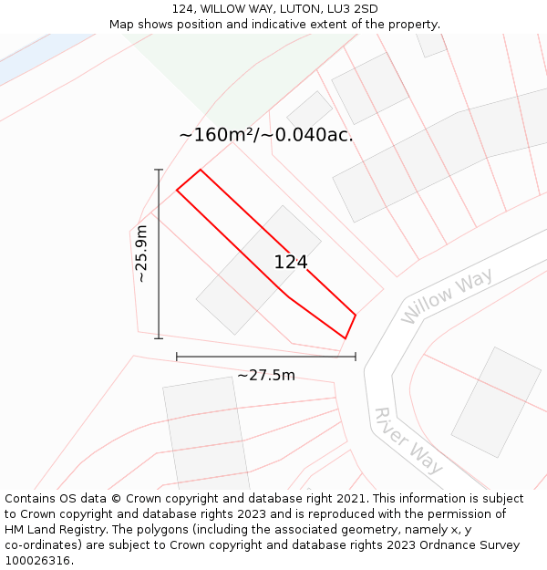 124, WILLOW WAY, LUTON, LU3 2SD: Plot and title map