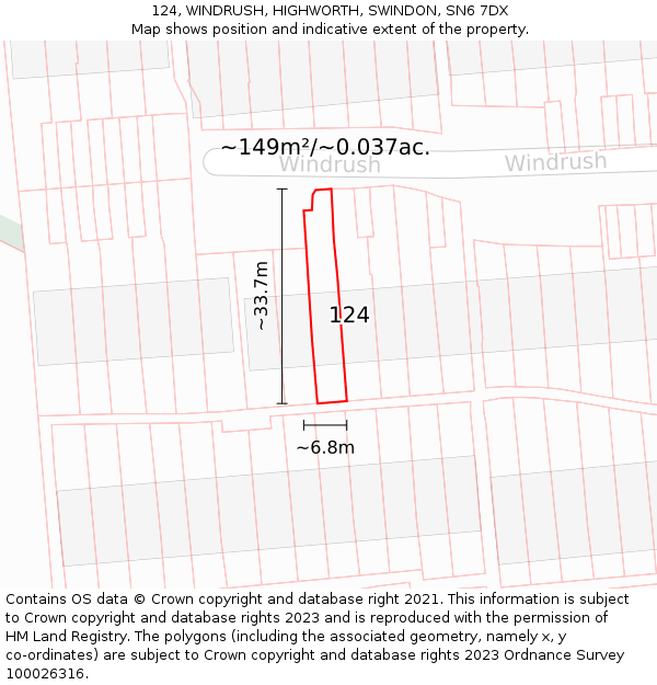 124, WINDRUSH, HIGHWORTH, SWINDON, SN6 7DX: Plot and title map