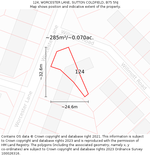 124, WORCESTER LANE, SUTTON COLDFIELD, B75 5NJ: Plot and title map