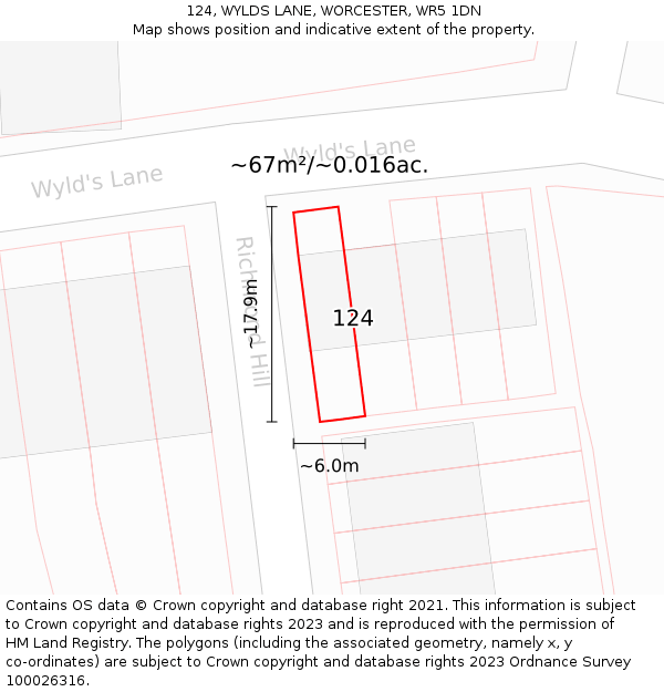 124, WYLDS LANE, WORCESTER, WR5 1DN: Plot and title map