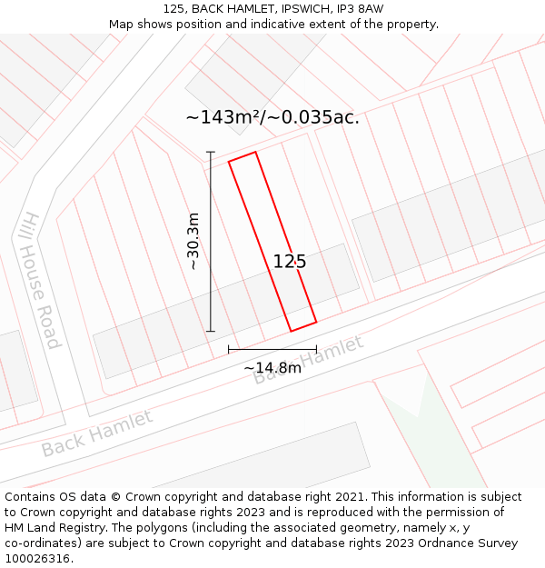125, BACK HAMLET, IPSWICH, IP3 8AW: Plot and title map