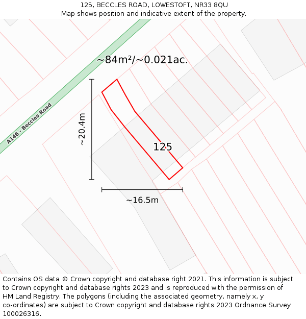 125, BECCLES ROAD, LOWESTOFT, NR33 8QU: Plot and title map