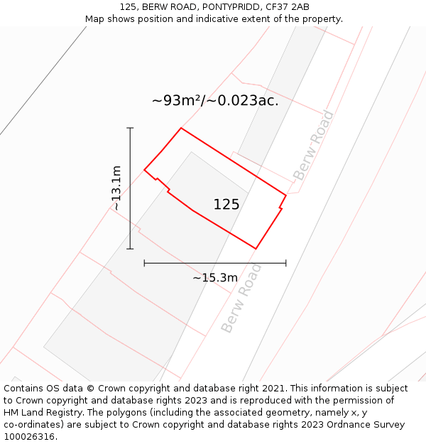 125, BERW ROAD, PONTYPRIDD, CF37 2AB: Plot and title map