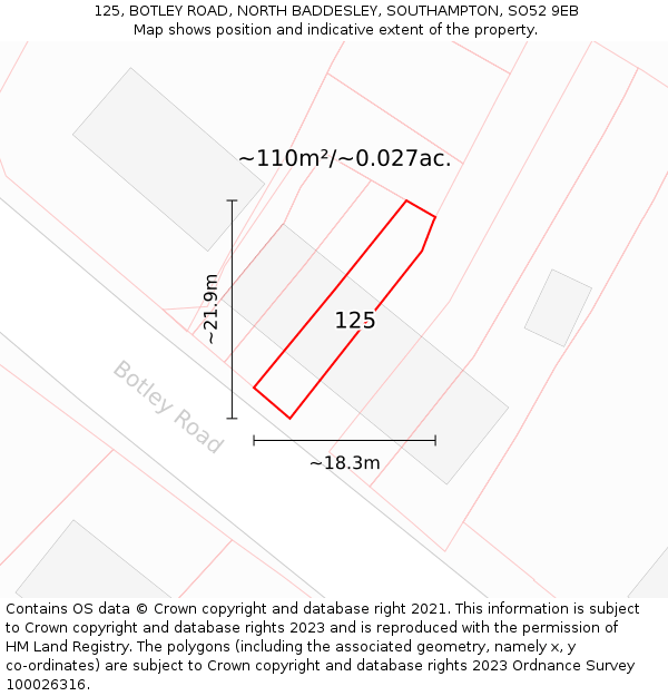 125, BOTLEY ROAD, NORTH BADDESLEY, SOUTHAMPTON, SO52 9EB: Plot and title map