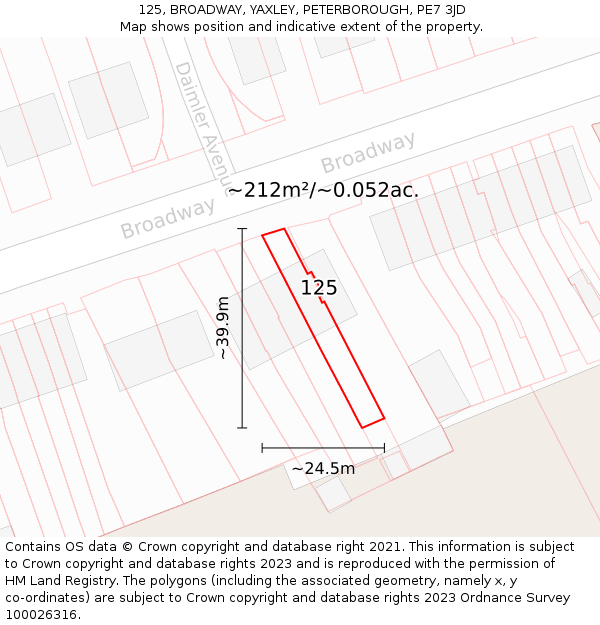 125, BROADWAY, YAXLEY, PETERBOROUGH, PE7 3JD: Plot and title map