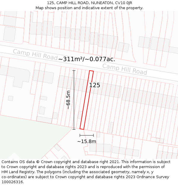 125, CAMP HILL ROAD, NUNEATON, CV10 0JR: Plot and title map