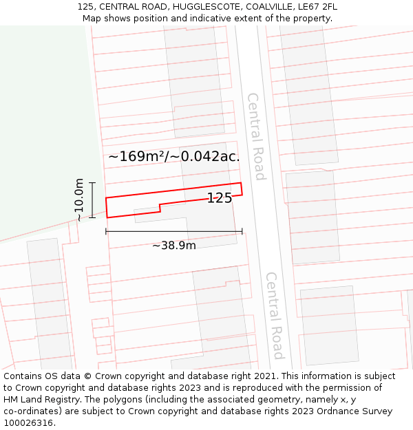 125, CENTRAL ROAD, HUGGLESCOTE, COALVILLE, LE67 2FL: Plot and title map