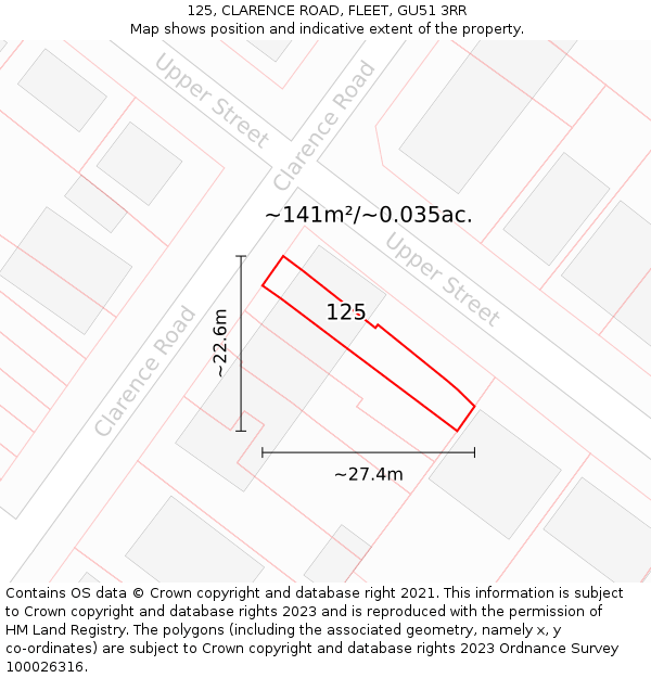 125, CLARENCE ROAD, FLEET, GU51 3RR: Plot and title map