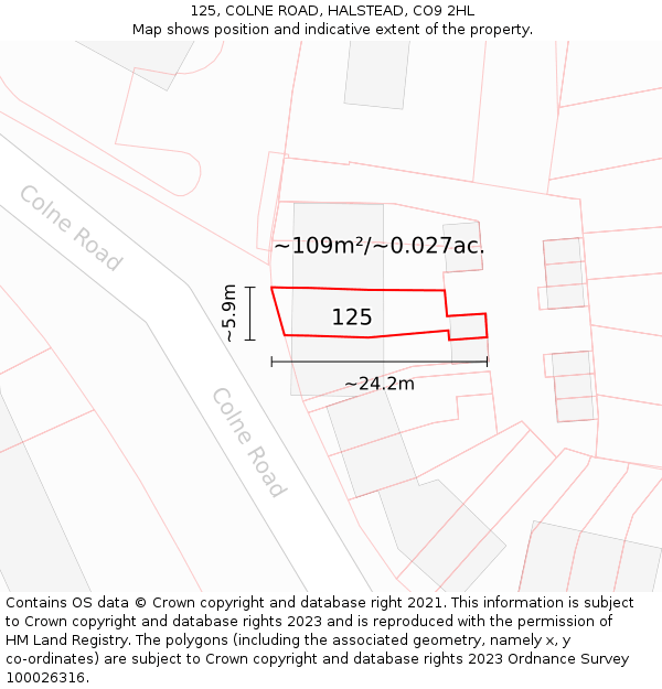 125, COLNE ROAD, HALSTEAD, CO9 2HL: Plot and title map