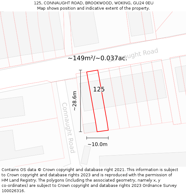 125, CONNAUGHT ROAD, BROOKWOOD, WOKING, GU24 0EU: Plot and title map
