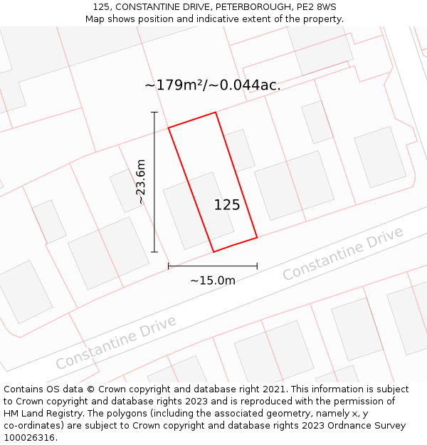 125, CONSTANTINE DRIVE, PETERBOROUGH, PE2 8WS: Plot and title map