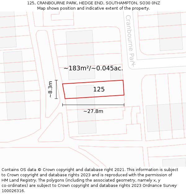 125, CRANBOURNE PARK, HEDGE END, SOUTHAMPTON, SO30 0NZ: Plot and title map