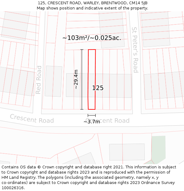 125, CRESCENT ROAD, WARLEY, BRENTWOOD, CM14 5JB: Plot and title map